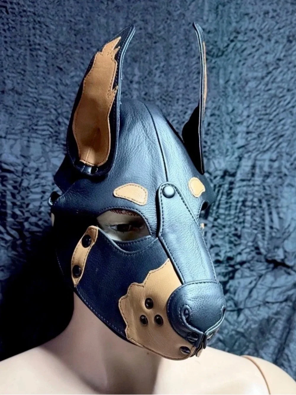 Puppy Leather Mask Hood in Black and Tan - Premium Pet Roleplay Accessory - Picture 3 of 5